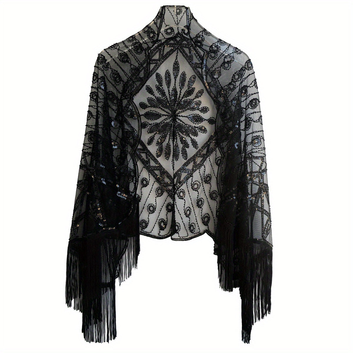 1920s Sequin Beaded Shawl Leaf Embroidery Tassel Cape