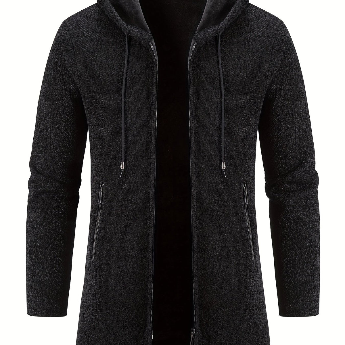 Men's Mid-Length Hooded Fleece Coat - Solid Zip-Up Cardigan