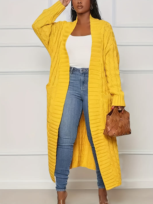  Cable Knit Open Front Cardigan with Pockets