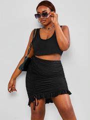  2pcs Set: Cropped Tank Top & Cinched Drawstring Skirt