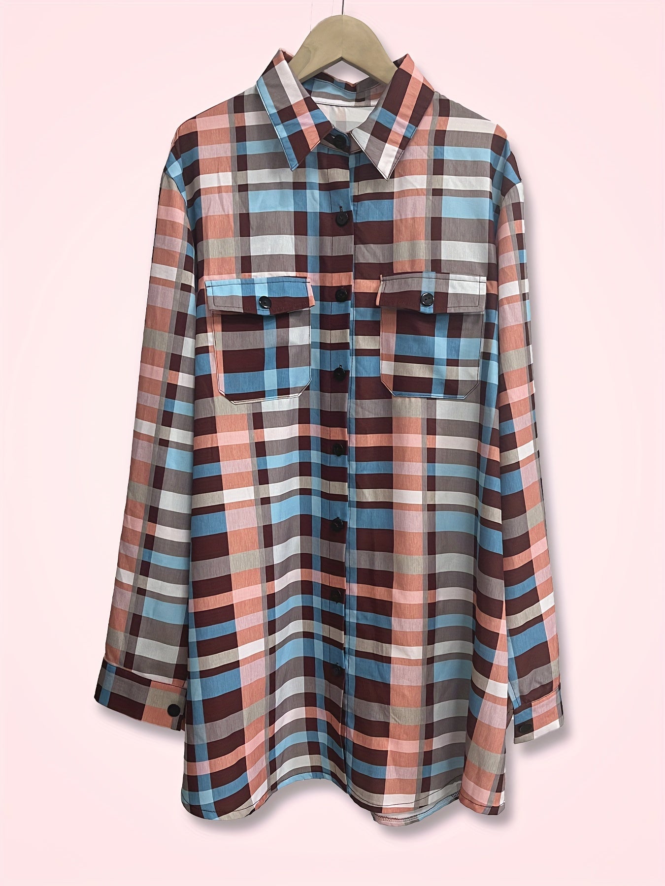  Plaid Print Button Up Long Sleeve Blouse