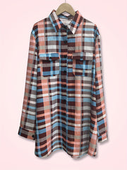  Plaid Print Button Up Long Sleeve Blouse