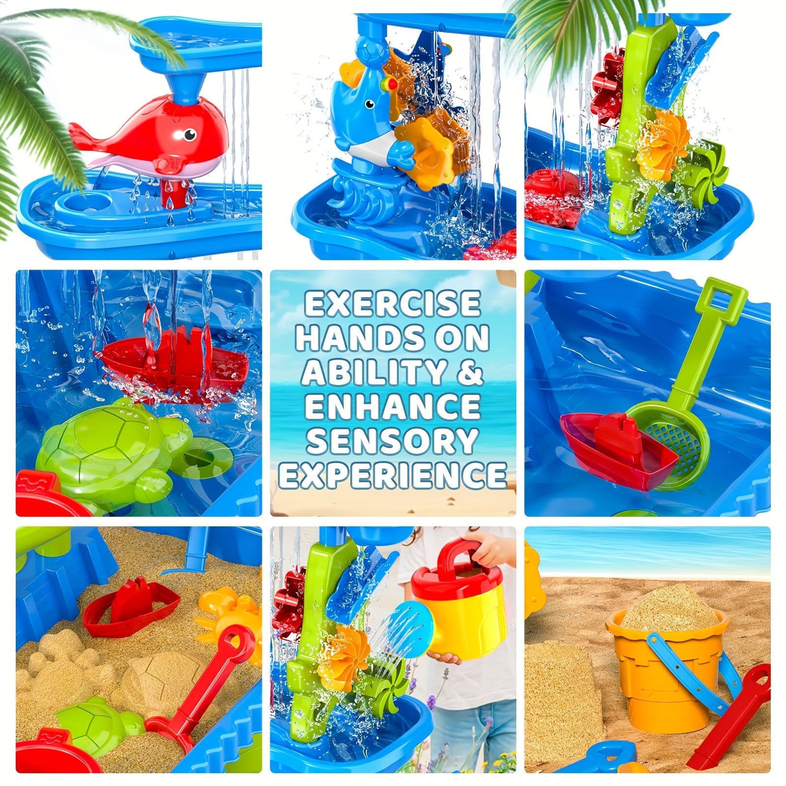 4 Layer Sand and Water Table Toy Set with Rain Shower Splash Pool
