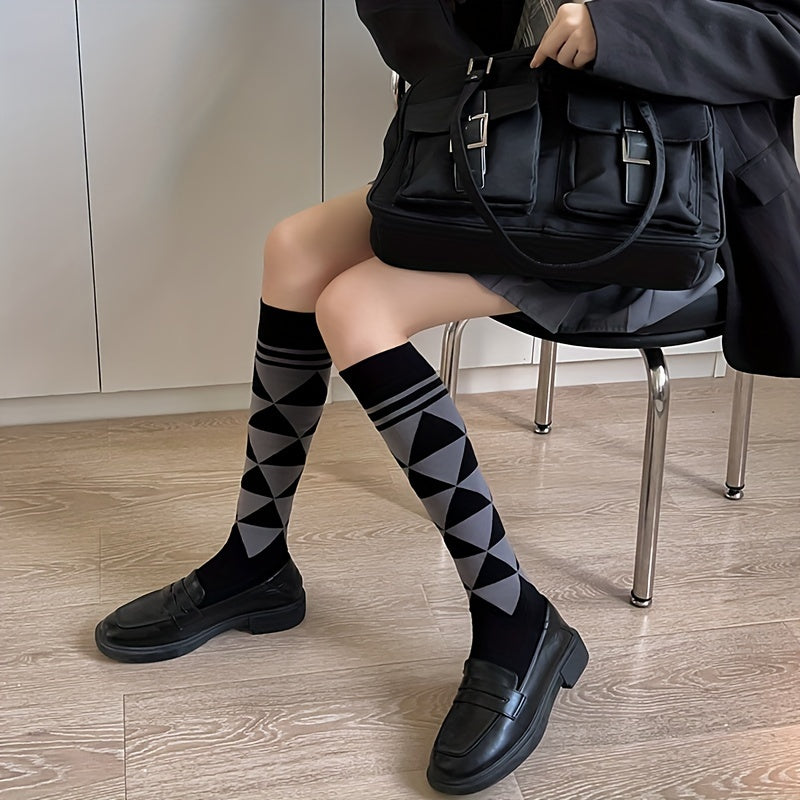 3 Pairs Cat & Argyle Calf Socks Bow Knee High Socks Women's Stockings
