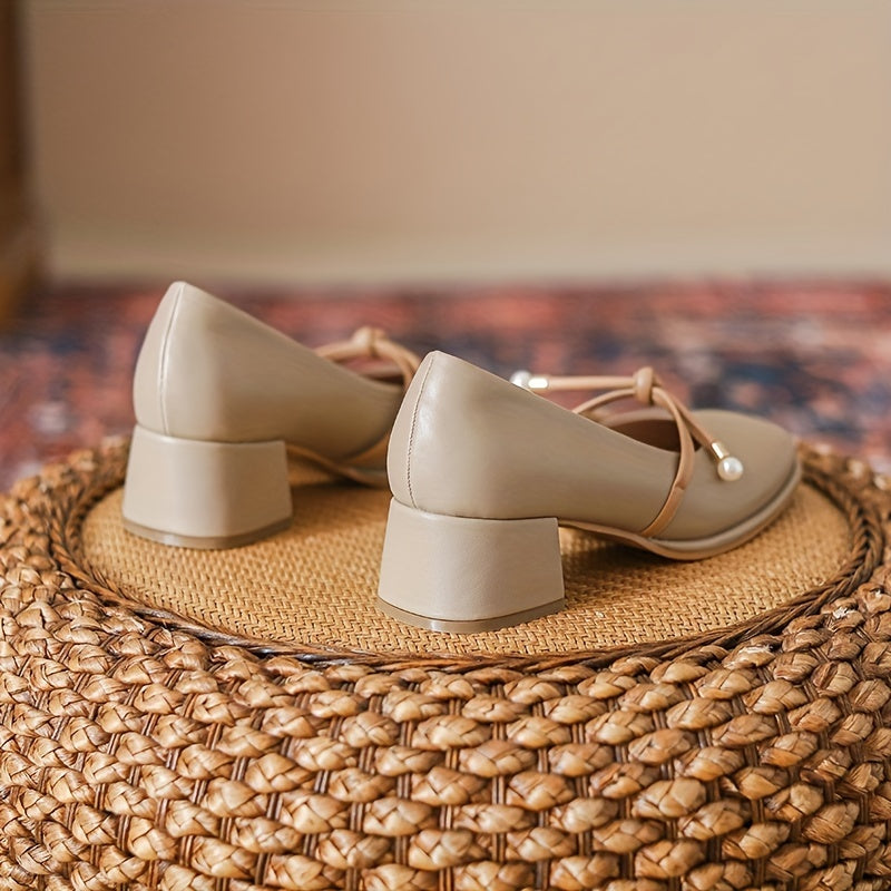 Women's Faux Pearl Chunky Low Heels Pumps