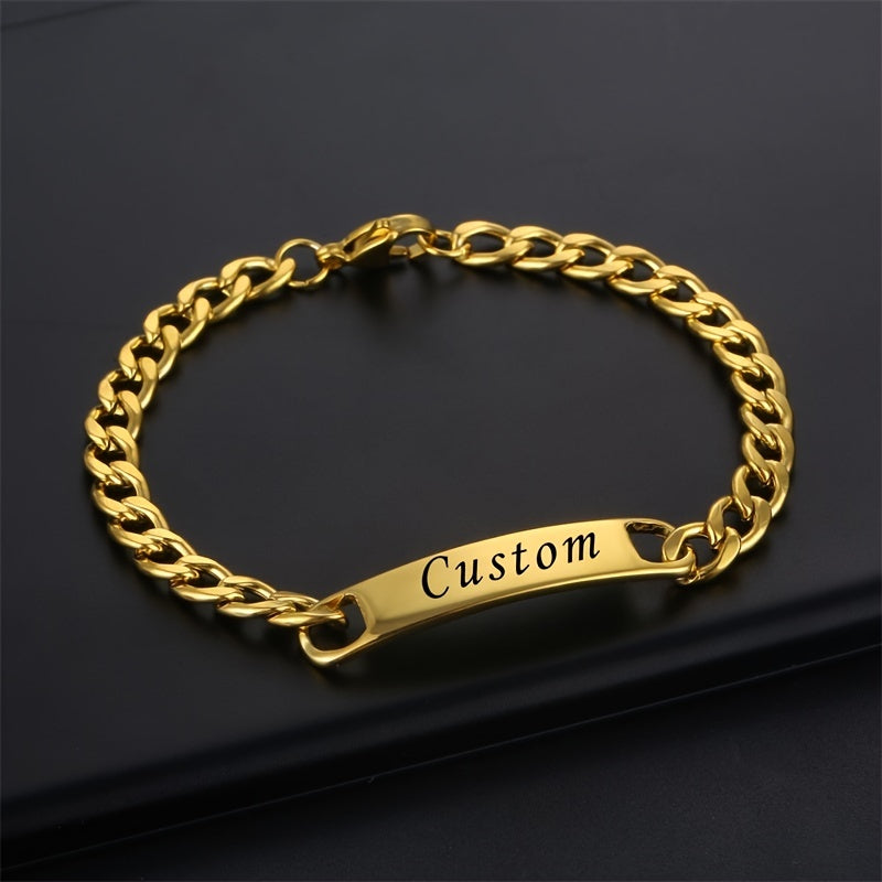 Personalized Name Men's Bracelet Engraved Stainless Steel Golden Nameplate Gift