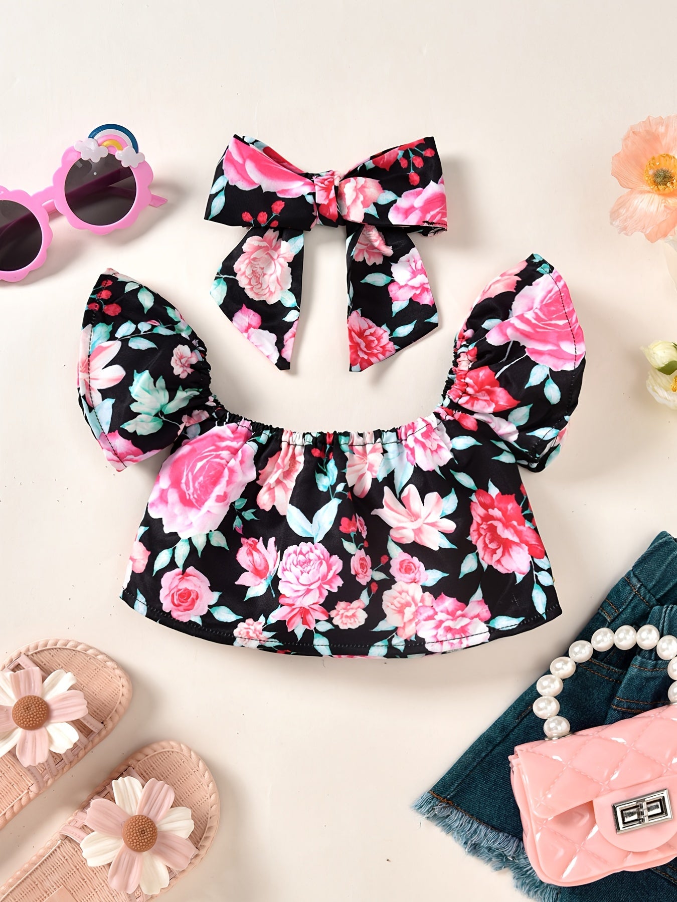 2pcs Baby Girls Floral Off Shoulder Top & Headband Set