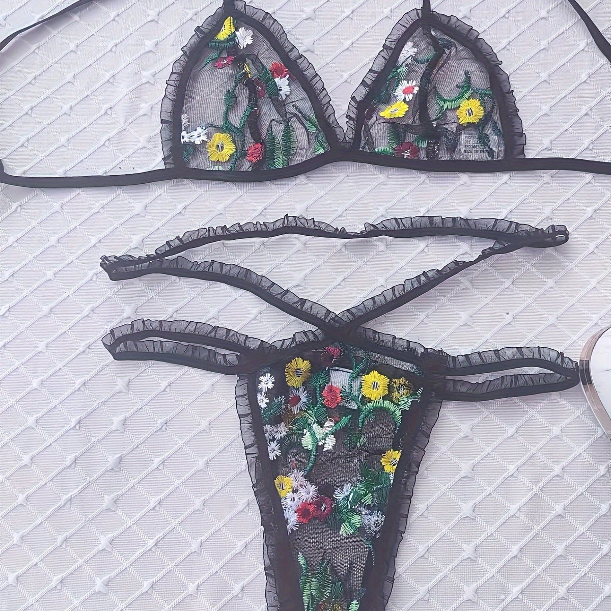 Floral Embroidery Lingerie Set Ruffle Mesh Bra & Cut Out Panties