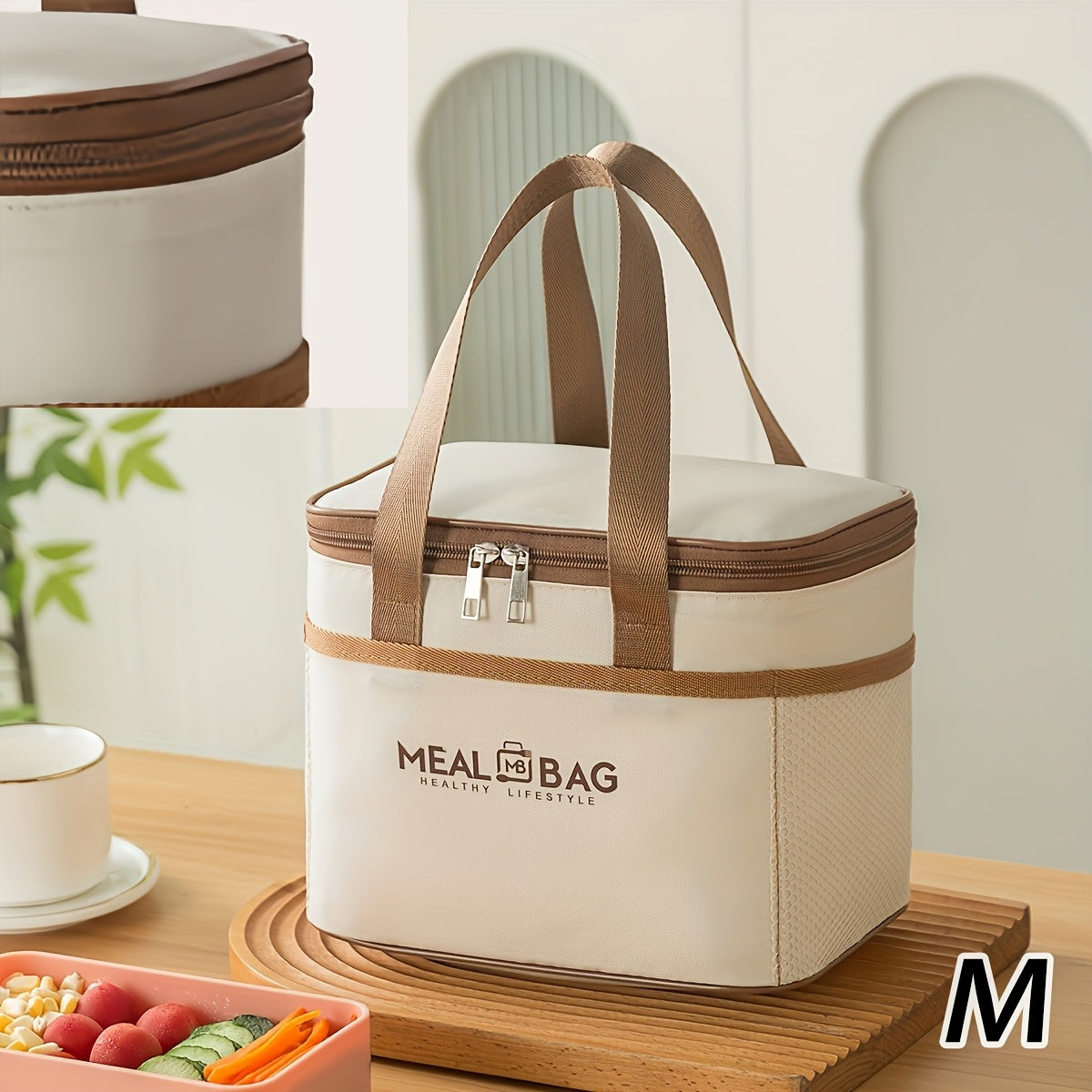 Vintage Style Portable Lunch Bag Insulated Tote Beige