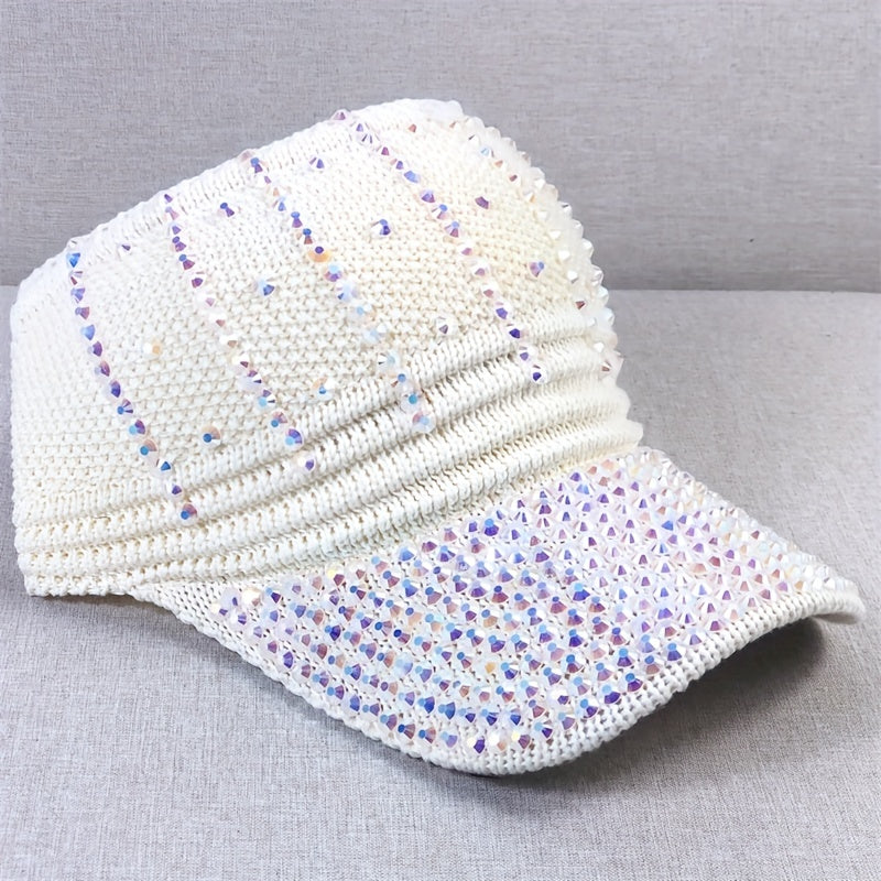 Rhinestone Visor Hat UV Protection Wide Brim Beach Cap