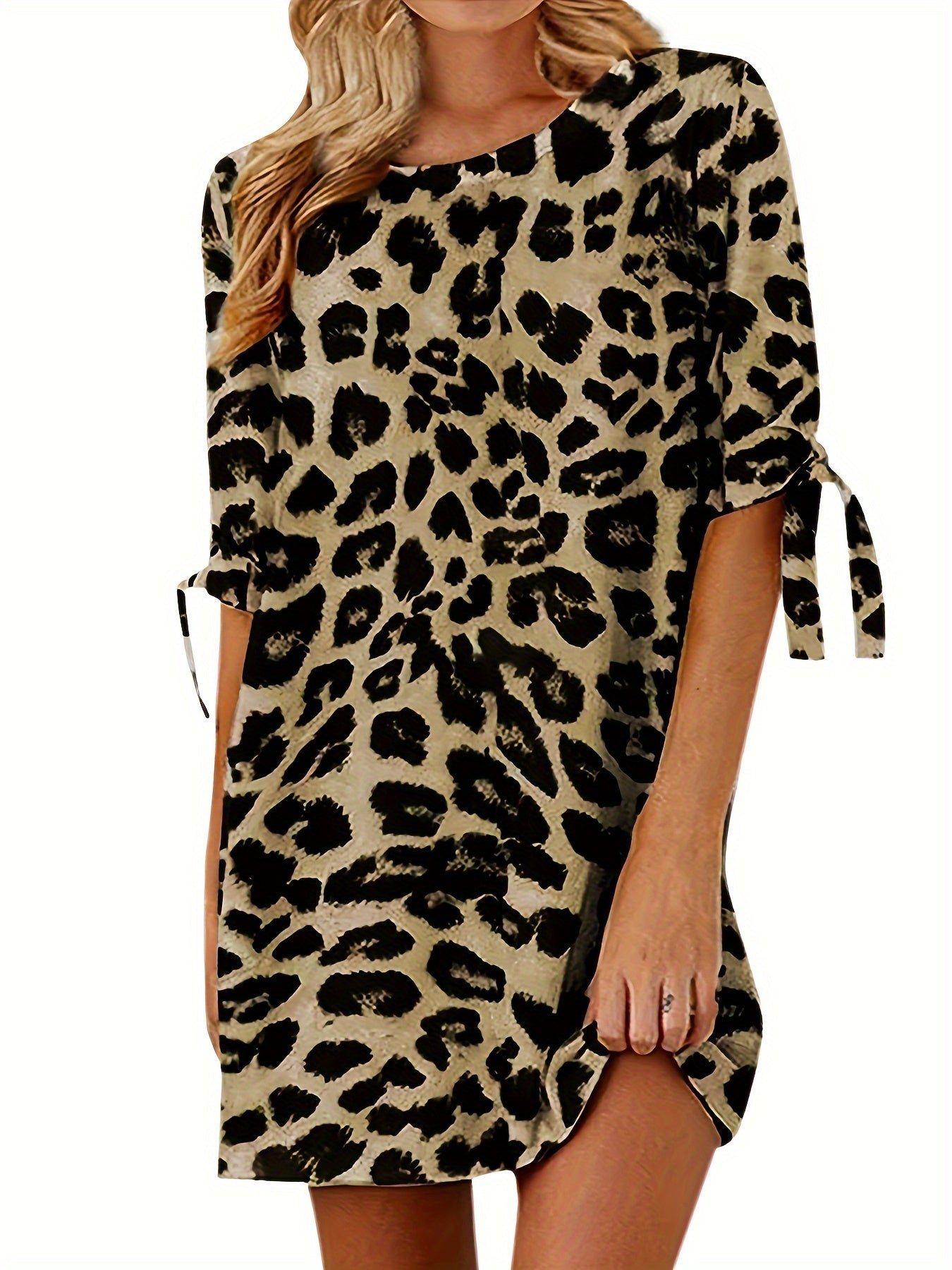  Casual Dress Women's Plus Leopard Print Knot Mini Dress
