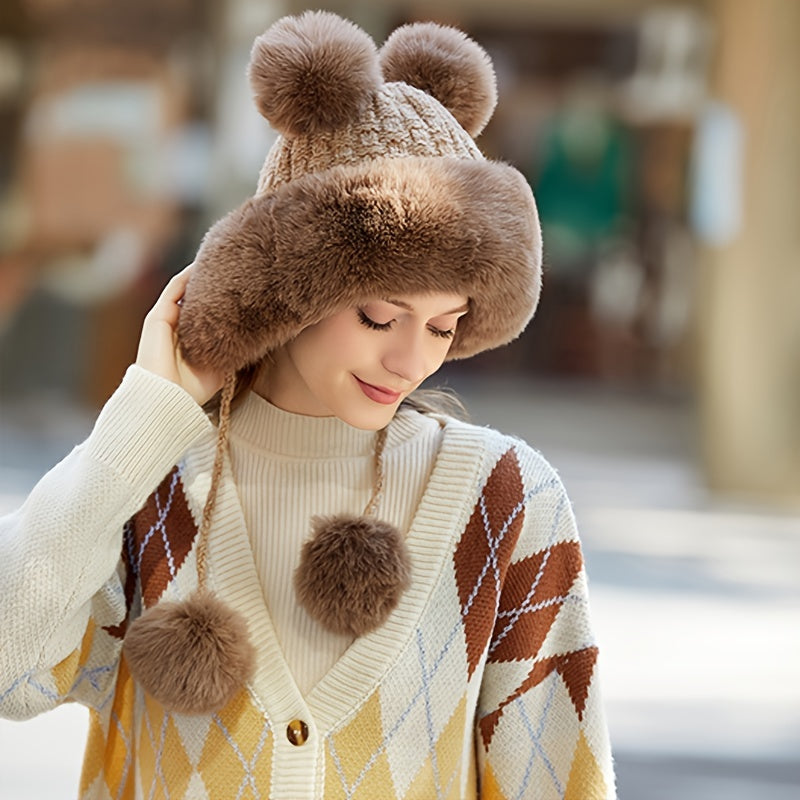 Thick Warm Fleece Winter Beanie Hat with Faux Fur Pom Pom