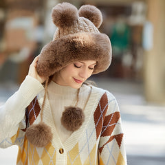 Thick Warm Fleece Winter Beanie Hat with Faux Fur Pom Pom