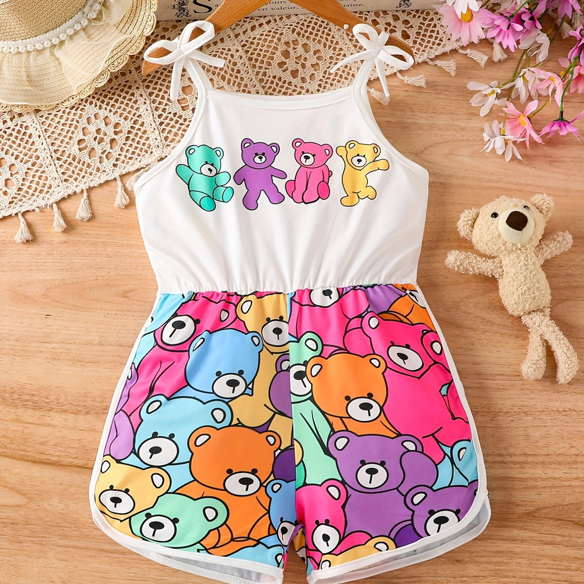 Toddler Girls Cartoon Bear Cami Rompers Jumpsuits for Beach Vacation