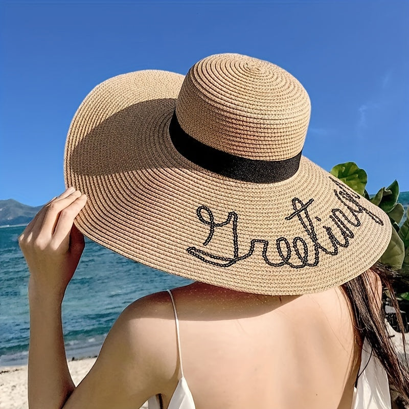 Sequin Letter Embroidery Floppy Straw Hat Wide Brim Travel Beach Hats