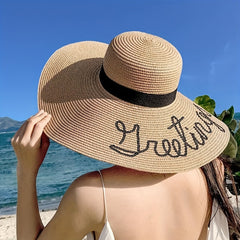 Sequin Letter Embroidery Floppy Straw Hat Wide Brim Travel Beach Hats