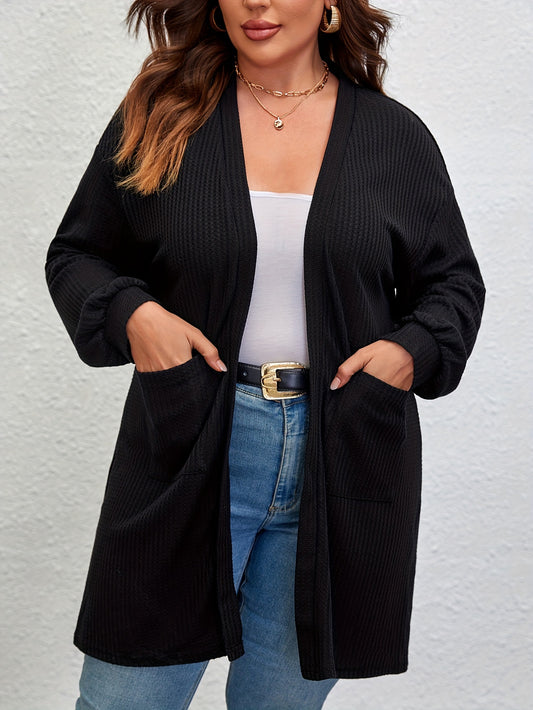  Solid Ribbed Lantern Sleeve Cardigan With Pockets