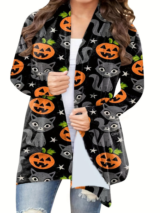 Pumpkin & Cat Print Cardigan, Long Sleeve Open Front