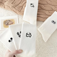 5 Pairs Expression Print Ribbed Socks for Women
