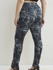  Colorblock Denim Print Stretch Leggings