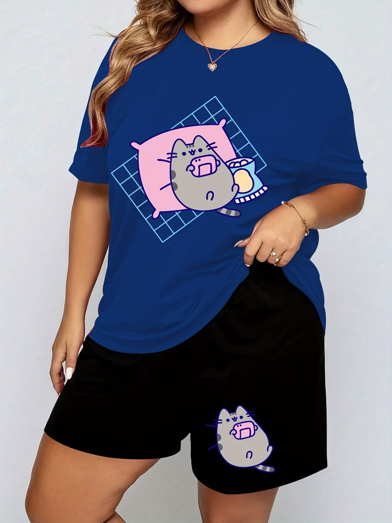  Cat Print Tee & Shorts Pajama Set