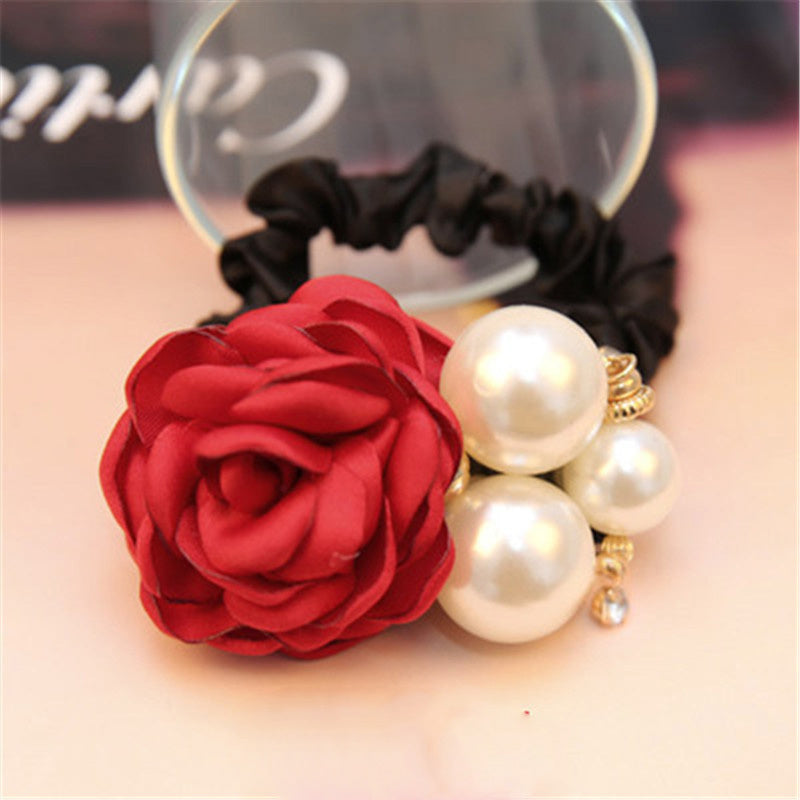 Colorful Rose Faux Pearls Hair Band Floral Beads Hair Ties
