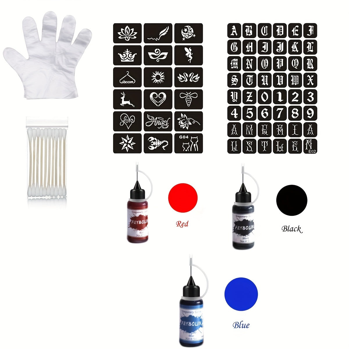 Temporary Tattoo Kit Freehand Ink with 2 Self-Adhesive Stencils