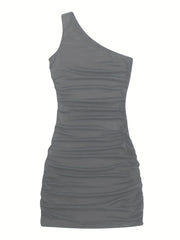 Y2K Solid One Shoulder Dress Bodycon Ruched Sleeveless Dress
