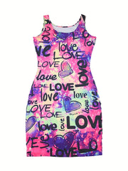 Love Letter Print Tank Dress Casual Slim Bag Hip Random Printing Dress