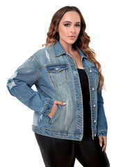 Women's Plus Size Casual Denim Top - Ripped Button Up Long Sleeve Jacket