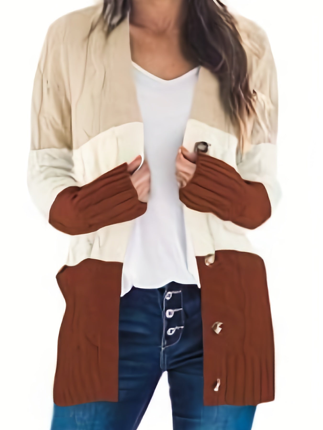  Colorblock Jacquard Cardigan with Pockets