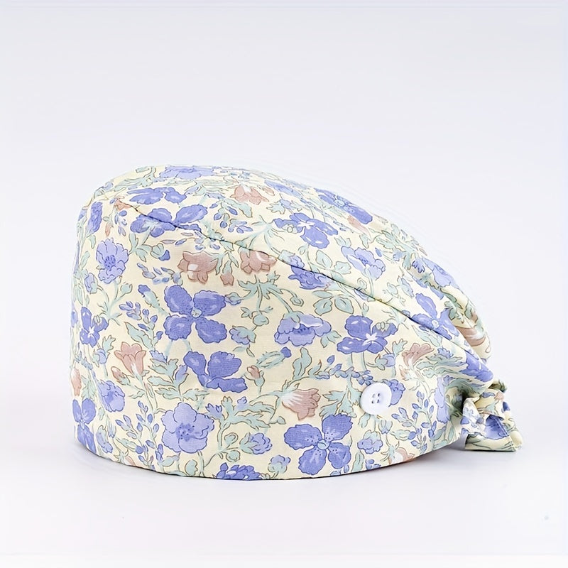 Cartoon Print Nurse Hat Cotton Scrub Cap Button Working Hats