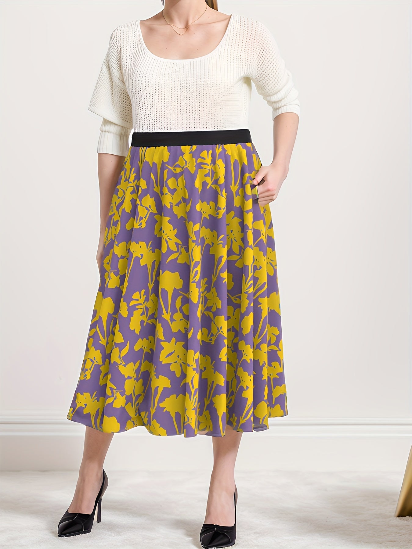  Floral Print Maxi Skirt, High Rise Elastic Waist