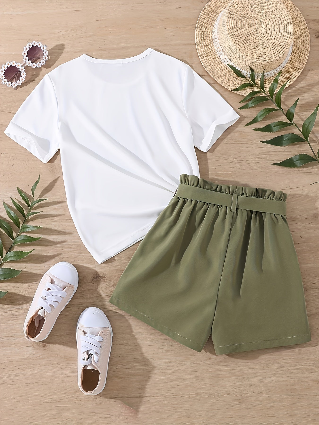 Girls Flowers Graphic Tee & Belted Shorts Set Summer Outfit