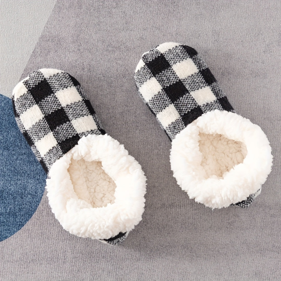 Plaid Plush Lined Socks Soft & Warm Low Cut Floor Socks Women's Stockings