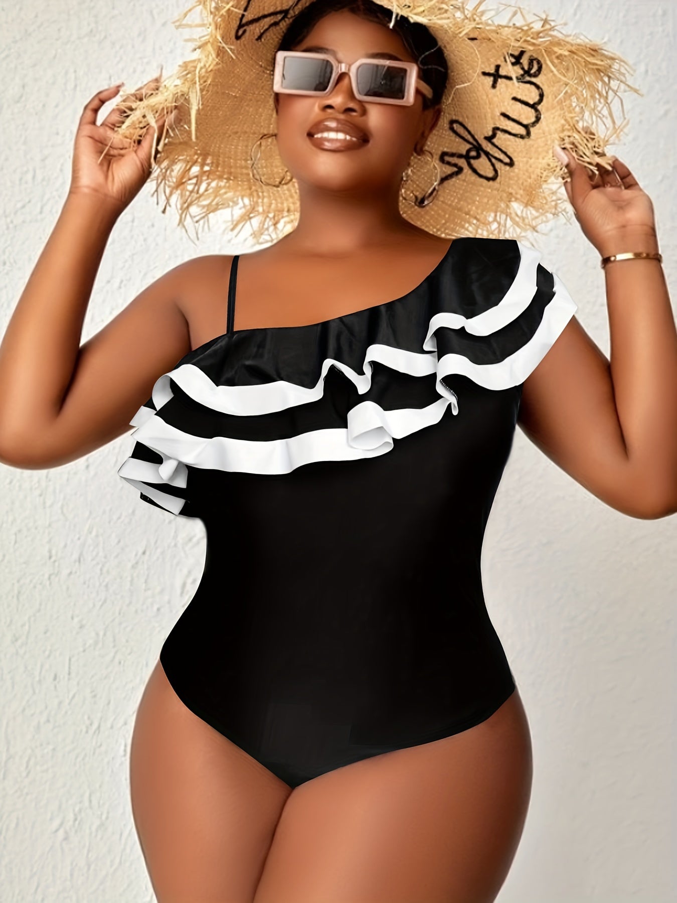  Sexy Swimsuit Women's Plus Contrast Trim Layered Ruffle