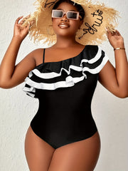  Sexy Swimsuit Women's Plus Contrast Trim Layered Ruffle