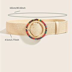 Boho Style Beaded Elastic Belt Colorful Wooden Beads Handwoven Round Buckle