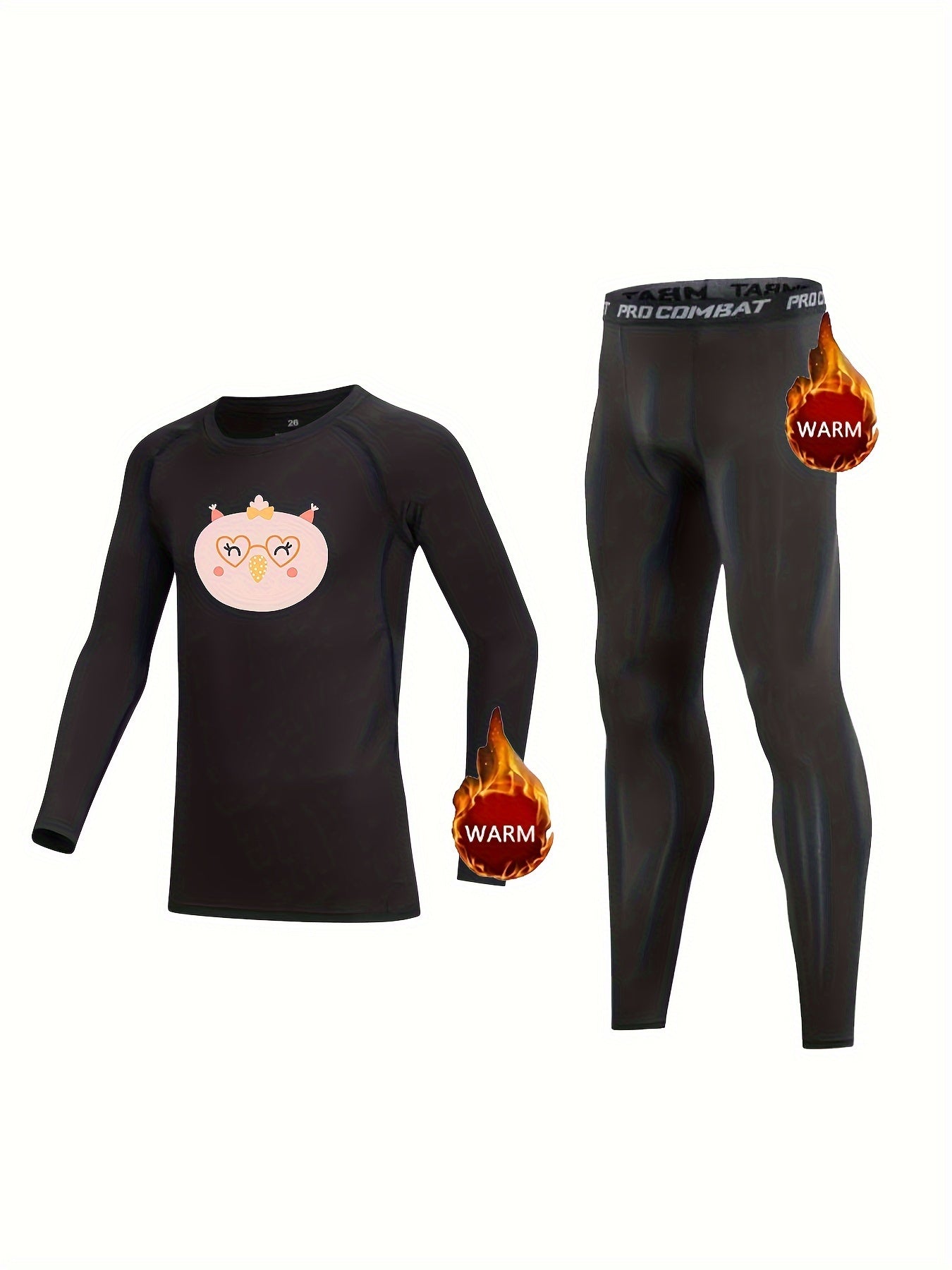 2pcs Kids Fleece Lined Warm Compression Set Cartoon Print Tops & Pants