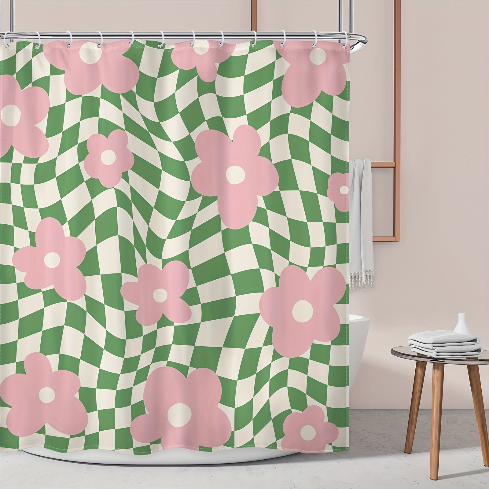 Flower Checkered Plaid Shower Curtain Waterproof Bathroom Decor Accessory
