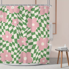 Flower Checkered Plaid Shower Curtain Waterproof Bathroom Decor Accessory