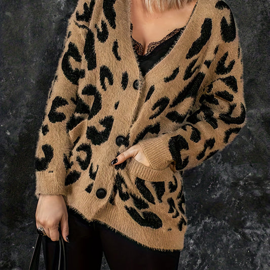  Leopard Pattern Long Sleeve Button Up Cardigan