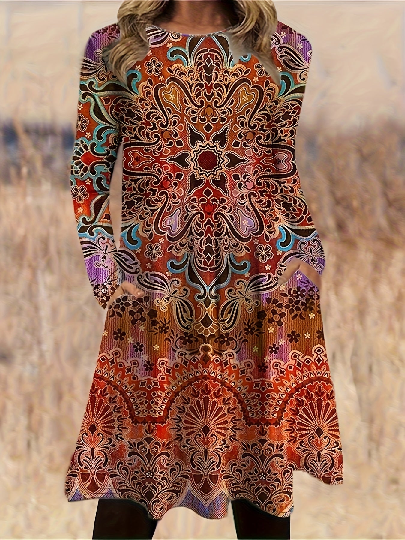  Boho Dress Women's Plus Floral Print Long Sleeve Dress With Pockets