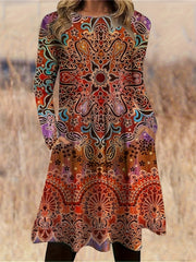  Boho Dress Women's Plus Floral Print Long Sleeve Dress With Pockets