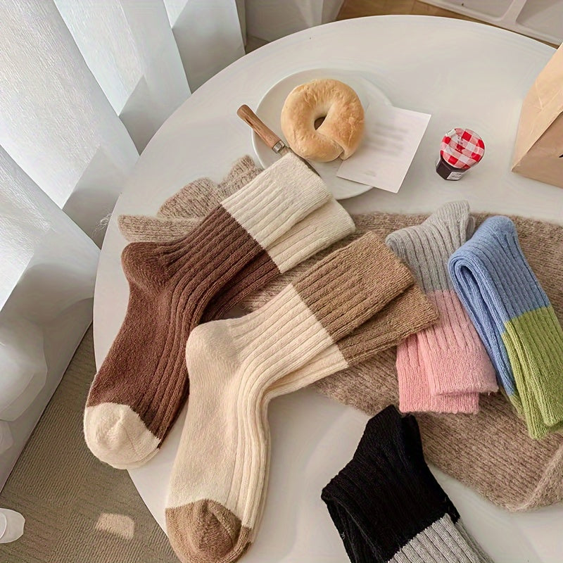 5 Pairs Colorblock Crew Socks Soft & Comfy Women's Stockings