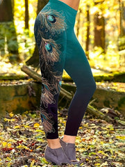  Ombre & Feather Print Med Stretch Leggings