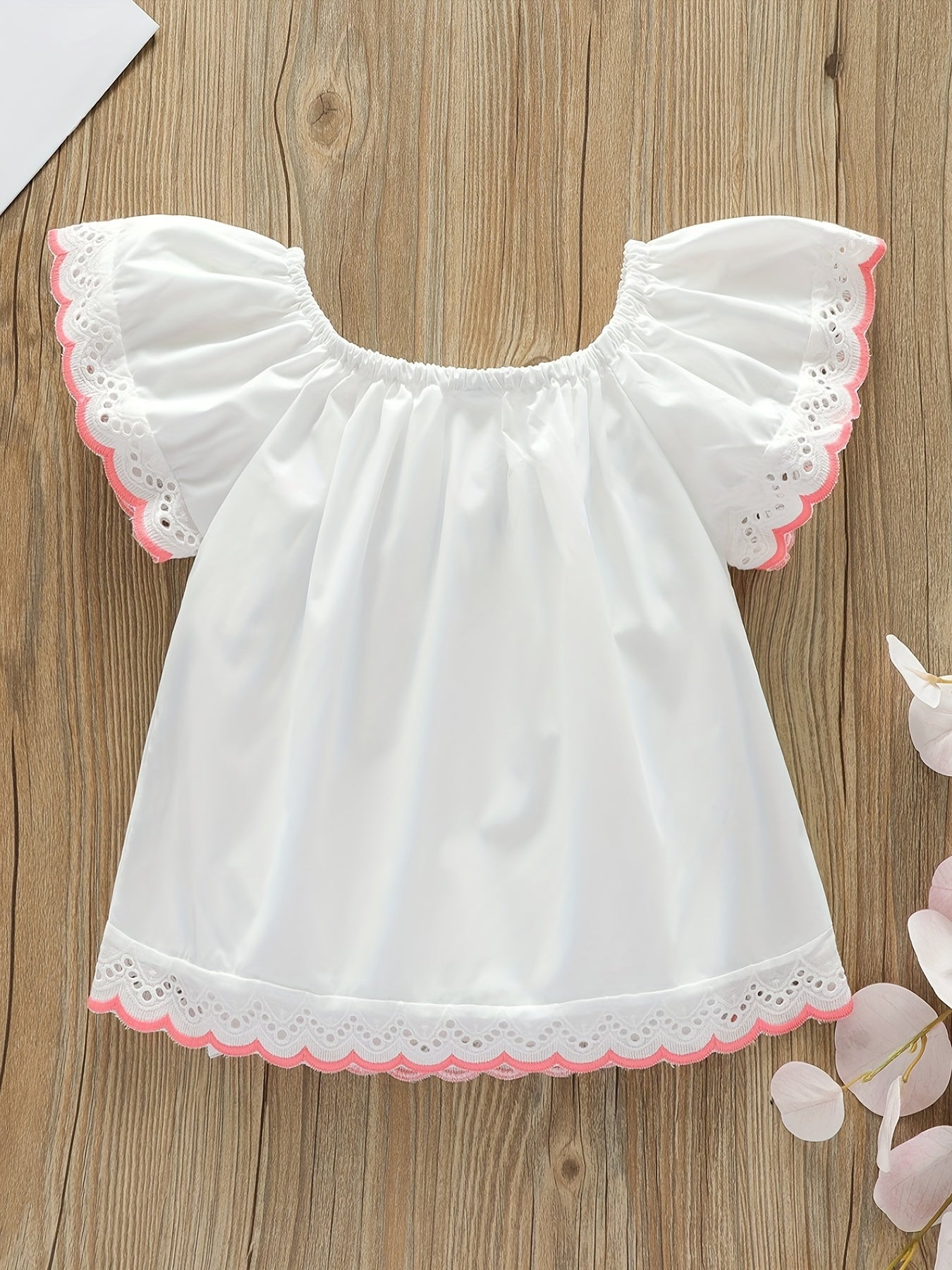 Girls Summer Embroidery Cut Out Lace Small Flying Sleeve Blouse