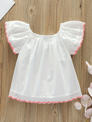 Girls Summer Embroidery Cut Out Lace Small Flying Sleeve Blouse