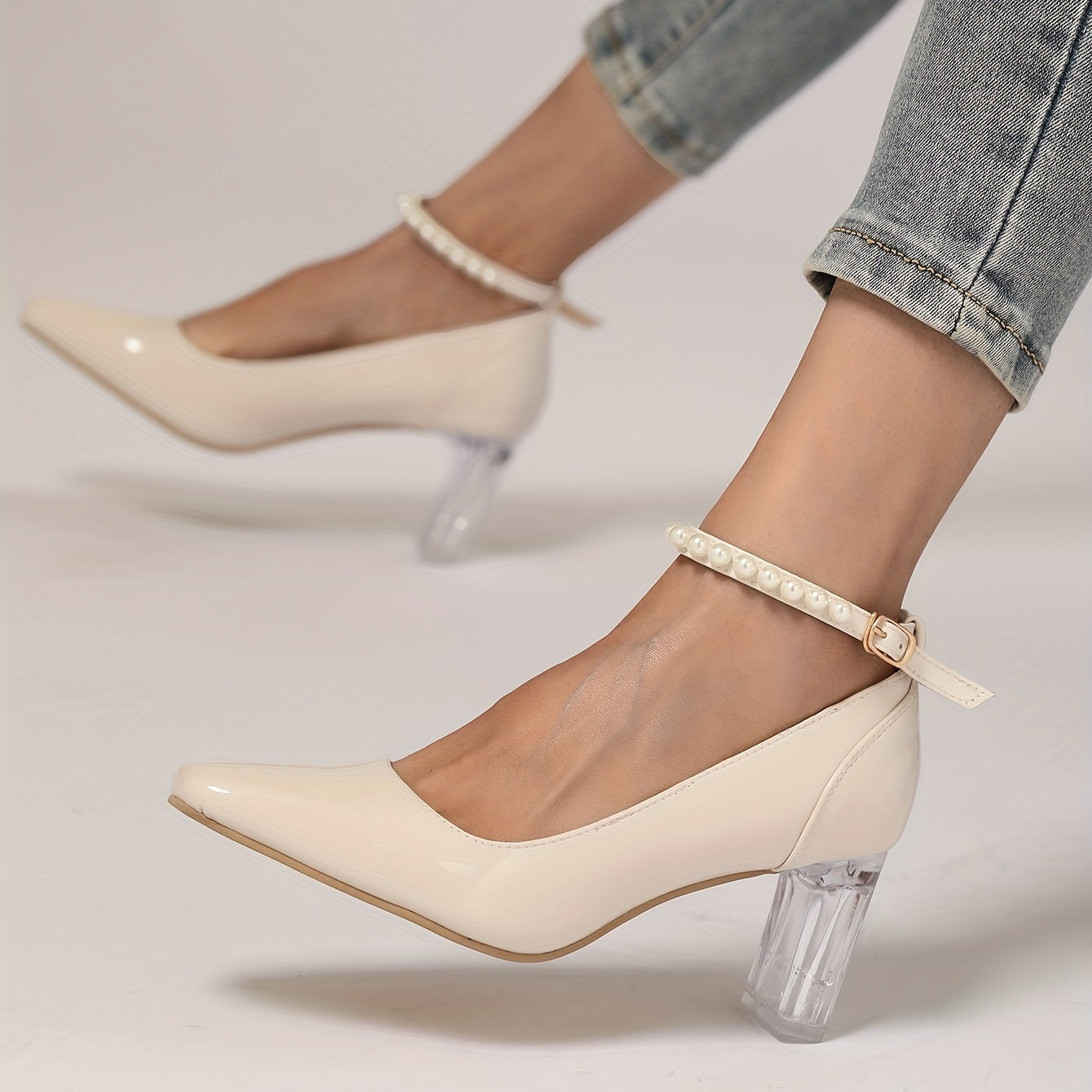 Women's Ankle Strap Faux Pearl High Heels