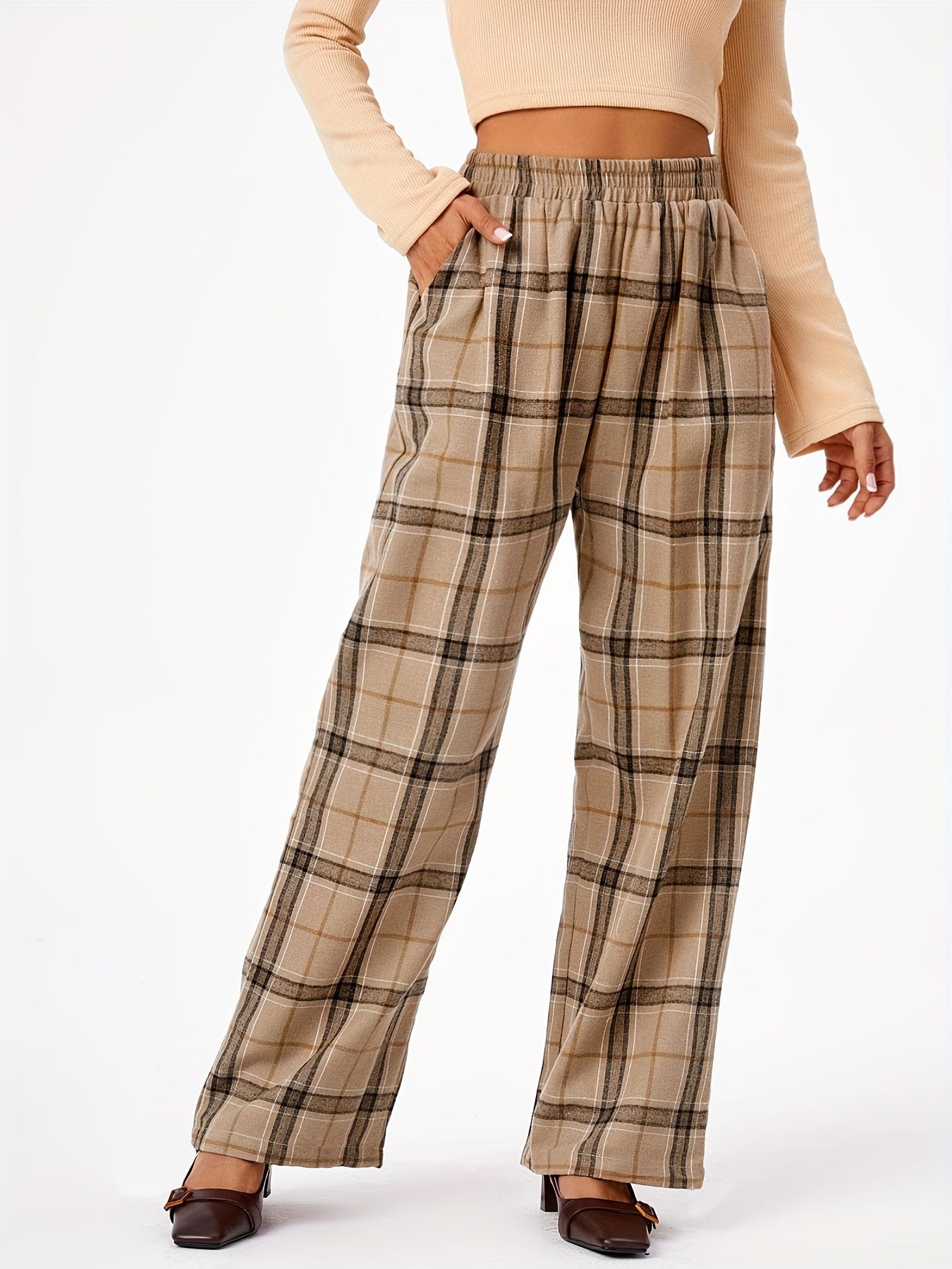 Women's Plus Plaid Print High Rise Wide Leg Pants